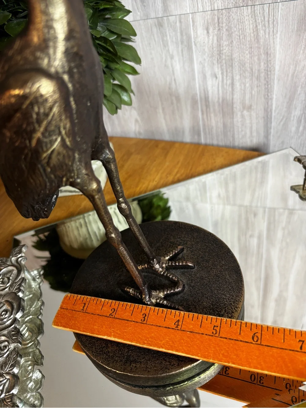 Bronze Finish Standing Crane Statue Brass Accent Bird Sculpture Coastal Home Dec